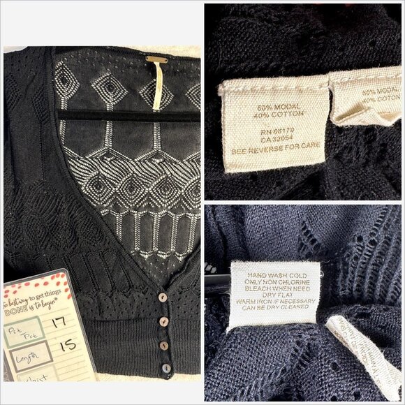 Free People Womens Open Knit Cropped Cardigan Black Sz Small Coquette Fairy Top - Picture 8 of 8